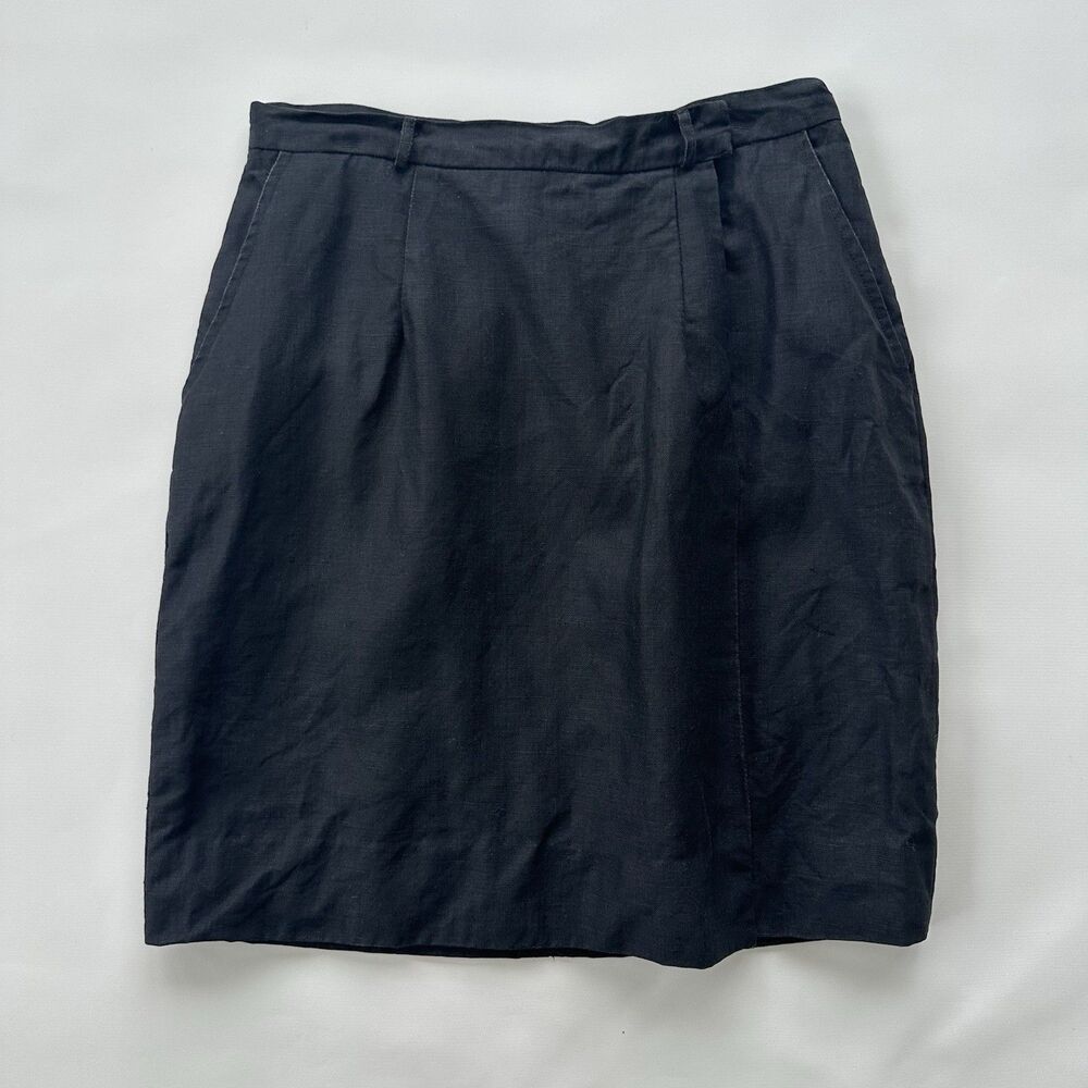 Vintage Ralph Lauren Black 100% Linen Wrap Knee Length Skirt Small Medium